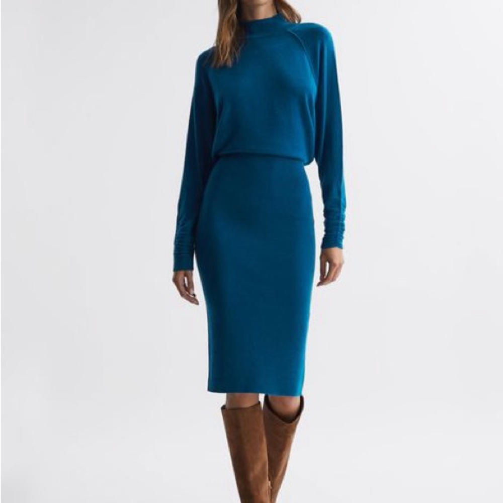REISS Freya Wool Blend sheath dress midi fitted ruched sleeve teal blue fall